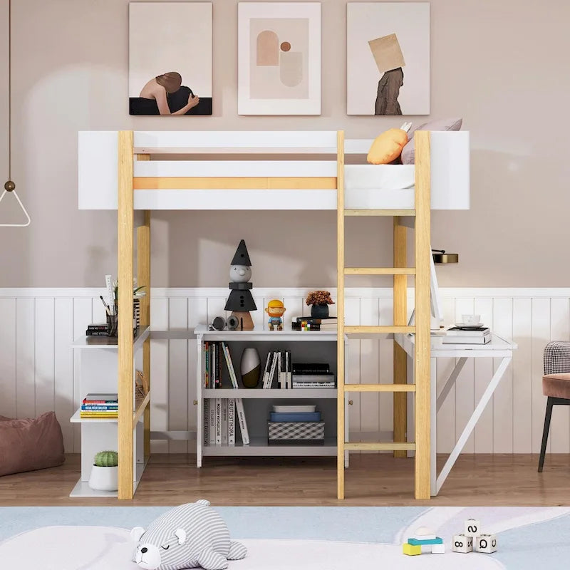 White Wood Loft Bed with Storage Cabinet, Shelves and Foldable Desk