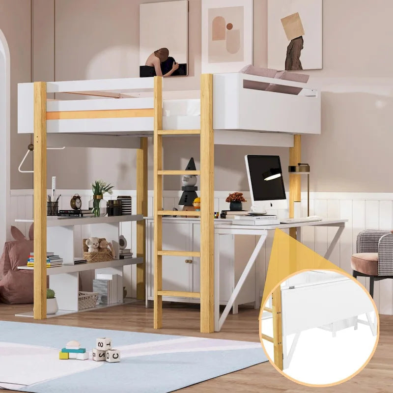 Wood Loft Bed With Built-in Storage Cabinet, Cubes, and Foldable Desk