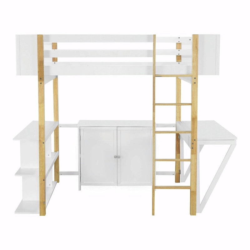 White Wood Loft Bed with Storage Cabinet, Shelves and Foldable Desk