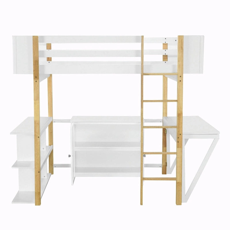 White Wood Loft Bed with Storage Cabinet, Shelves and Foldable Desk