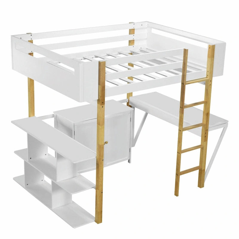 White Wood Loft Bed with Storage Cabinet, Shelves and Foldable Desk