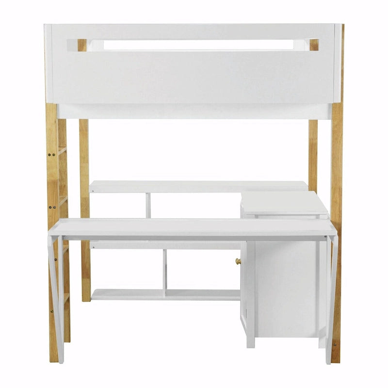 White Wood Loft Bed with Storage Cabinet, Shelves and Foldable Desk