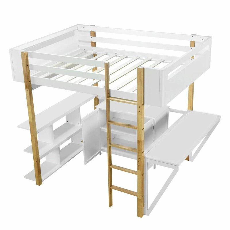 White Wood Loft Bed with Storage Cabinet, Shelves and Foldable Desk