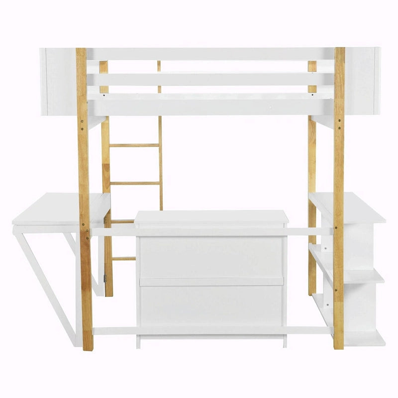 White Wood Loft Bed with Storage Cabinet, Shelves and Foldable Desk