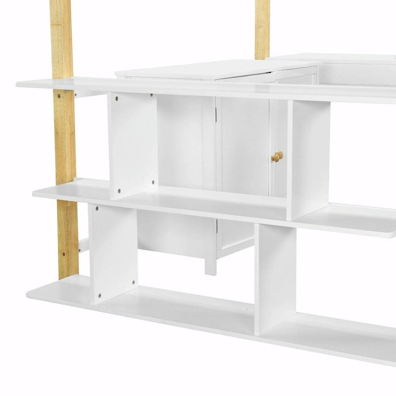 White Wood Loft Bed with Storage Cabinet, Shelves and Foldable Desk