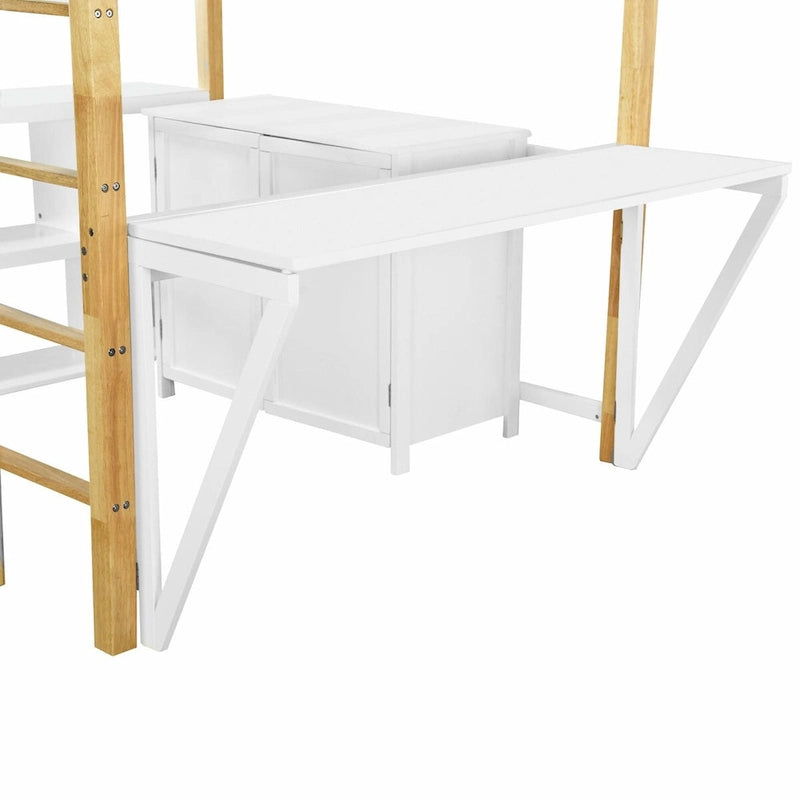 White Wood Loft Bed with Storage Cabinet, Shelves and Foldable Desk