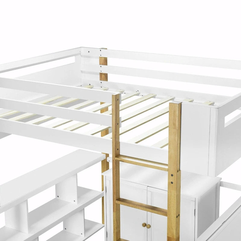 White Wood Loft Bed with Storage Cabinet, Shelves and Foldable Desk