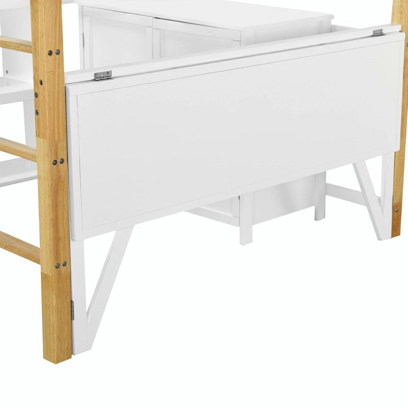 White Wood Loft Bed with Storage Cabinet, Shelves and Foldable Desk