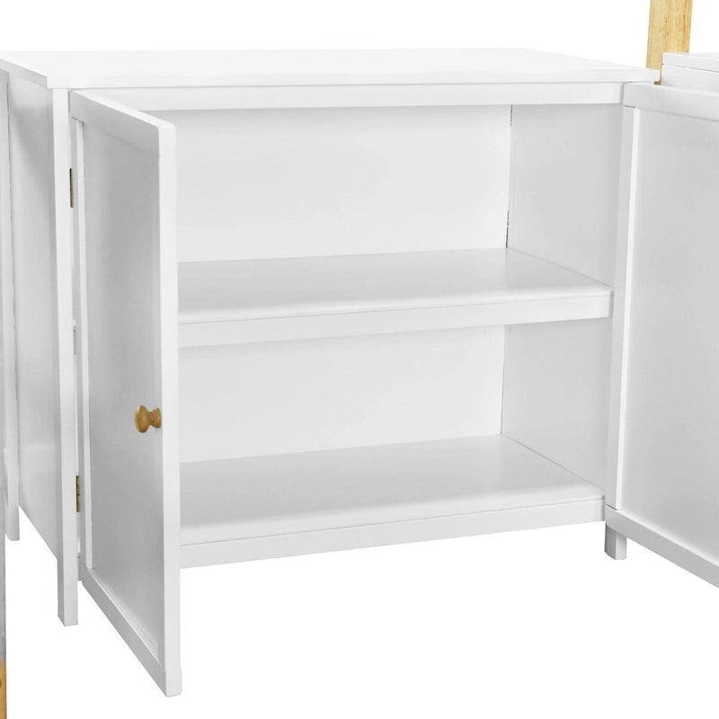 White Wood Loft Bed with Storage Cabinet, Shelves and Foldable Desk