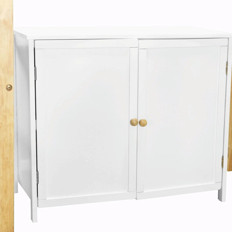 White Wood Loft Bed with Storage Cabinet, Shelves and Foldable Desk
