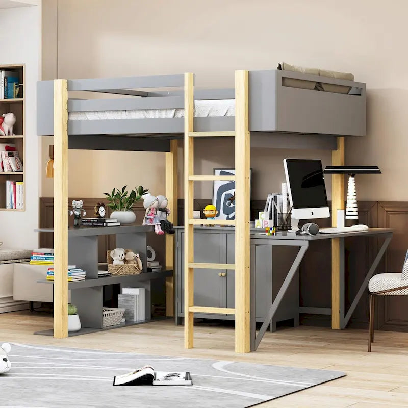 White Wood Loft Bed with Storage Cabinet, Shelves and Foldable Desk