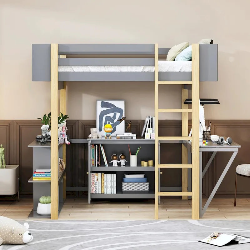 White Wood Loft Bed with Storage Cabinet, Shelves and Foldable Desk