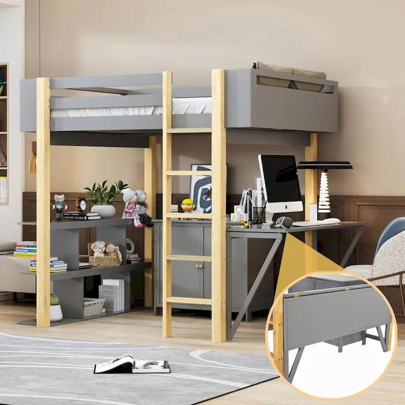 White Wood Loft Bed with Storage Cabinet, Shelves and Foldable Desk
