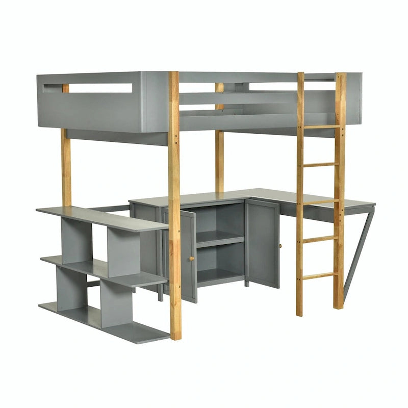 White Wood Loft Bed with Storage Cabinet, Shelves and Foldable Desk