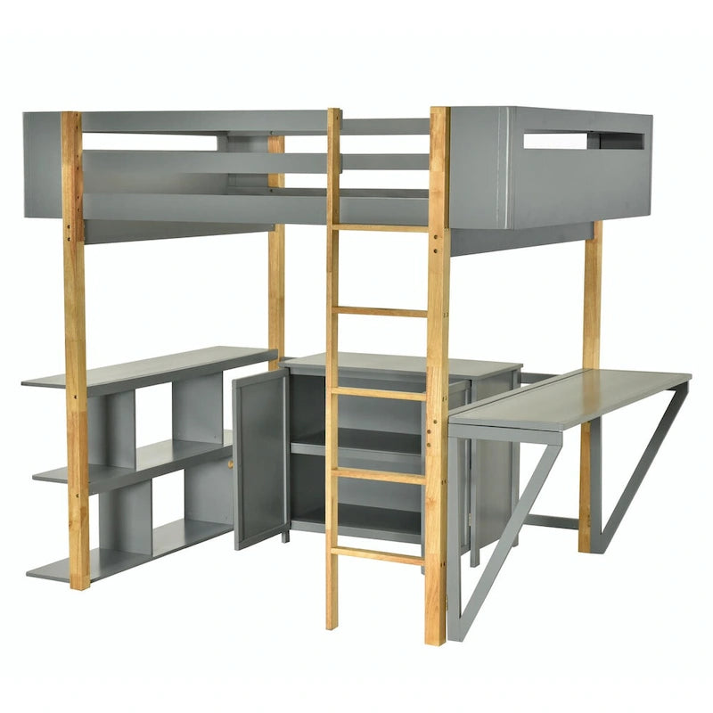 White Wood Loft Bed with Storage Cabinet, Shelves and Foldable Desk