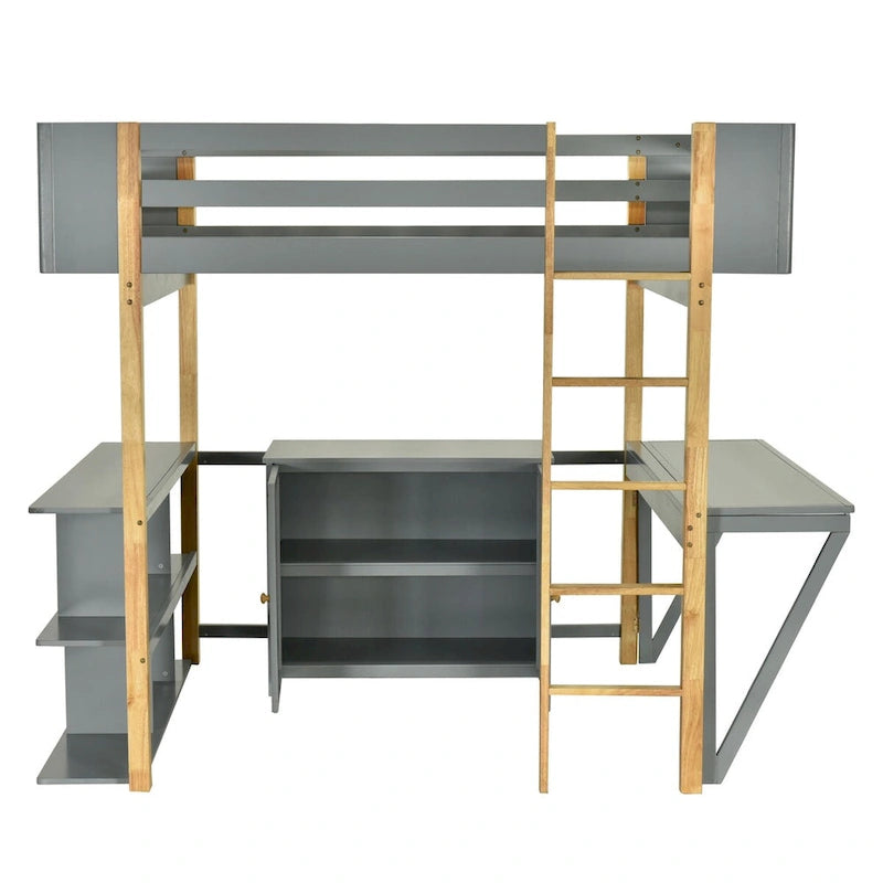 White Wood Loft Bed with Storage Cabinet, Shelves and Foldable Desk