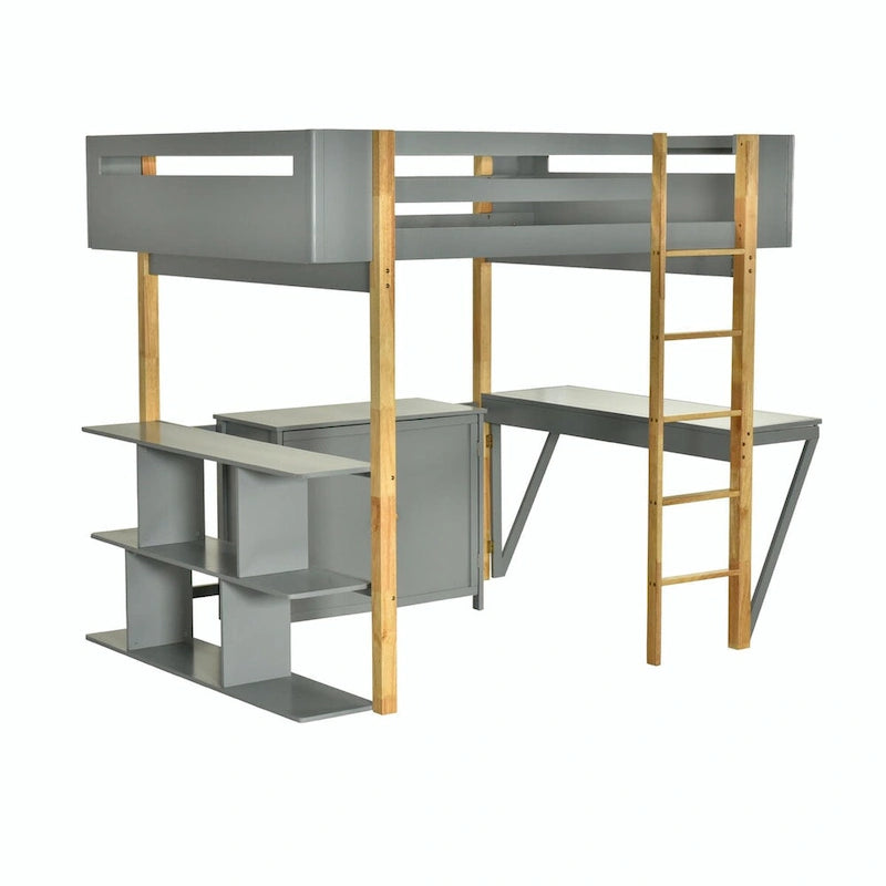 White Wood Loft Bed with Storage Cabinet, Shelves and Foldable Desk