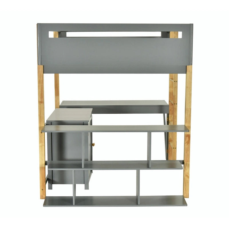 White Wood Loft Bed with Storage Cabinet, Shelves and Foldable Desk