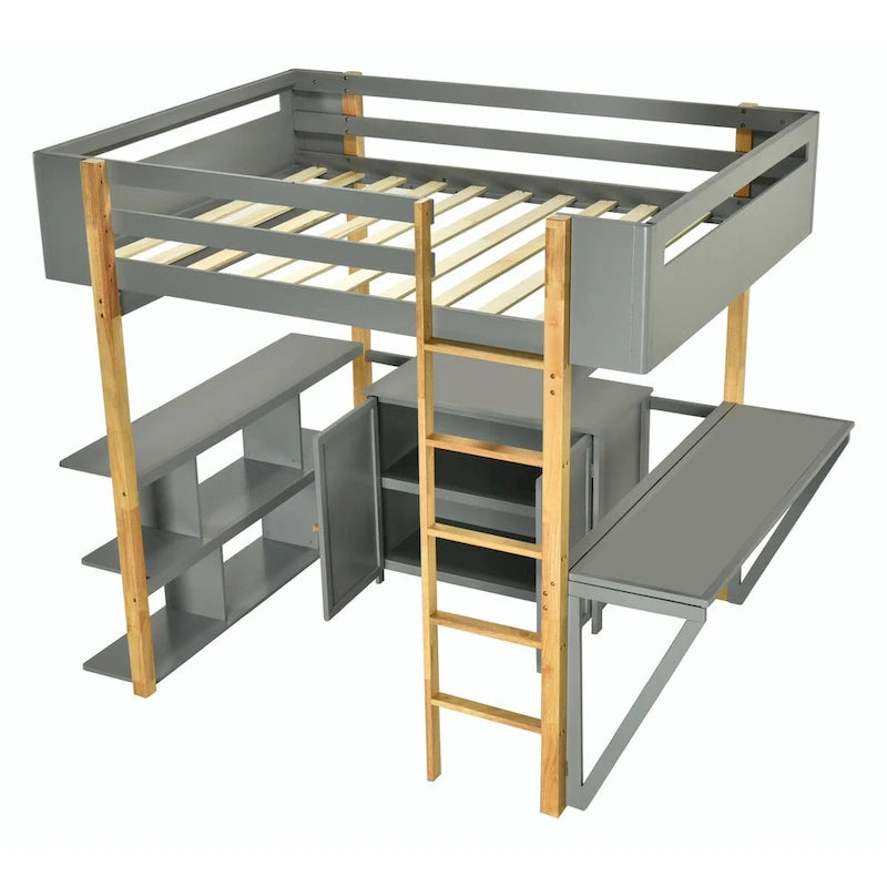 White Wood Loft Bed with Storage Cabinet, Shelves and Foldable Desk