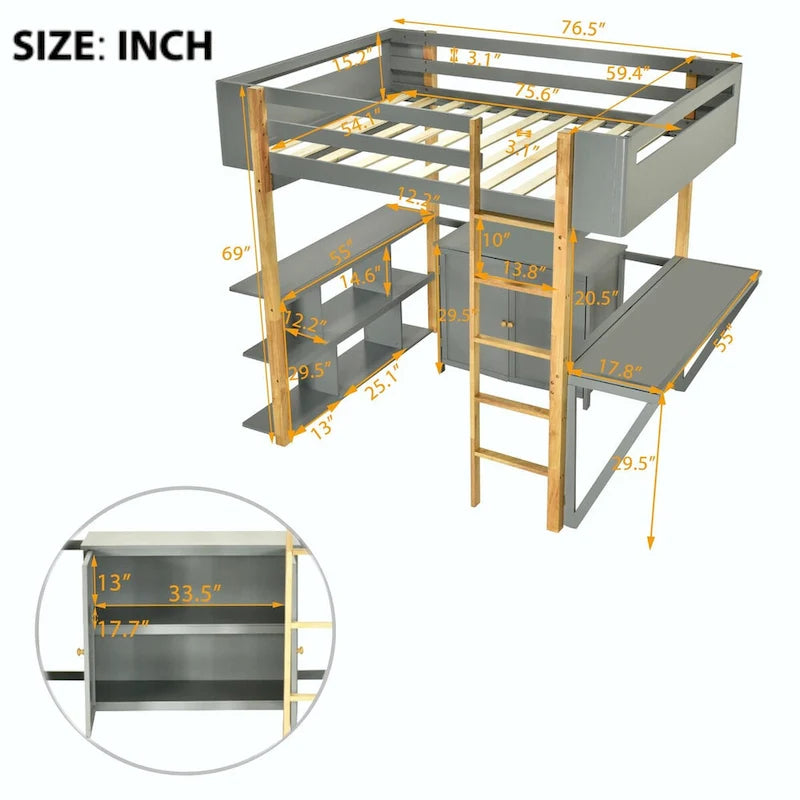 White Wood Loft Bed with Storage Cabinet, Shelves and Foldable Desk
