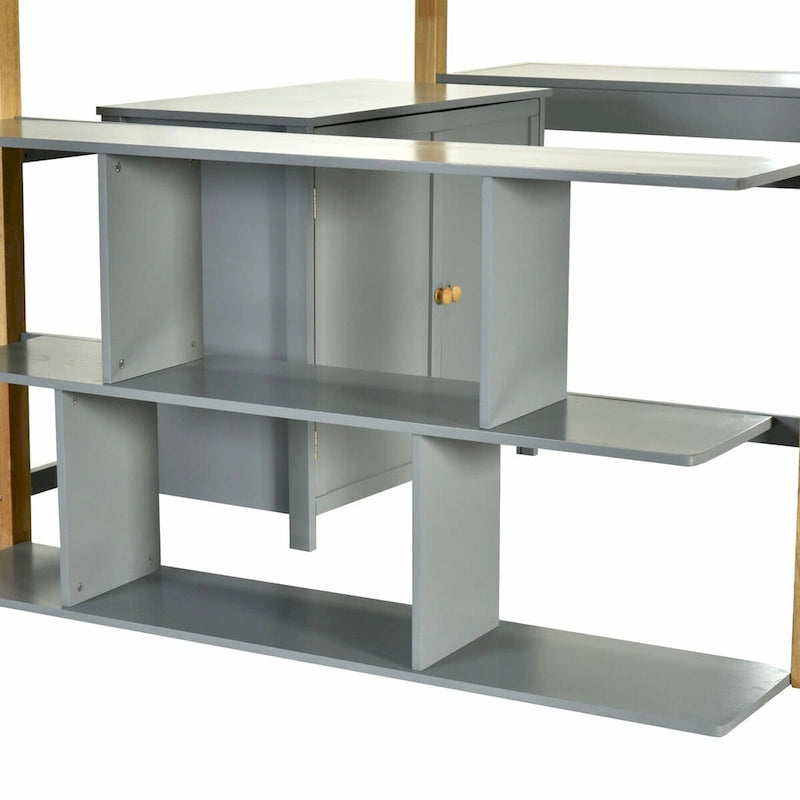 White Wood Loft Bed with Storage Cabinet, Shelves and Foldable Desk