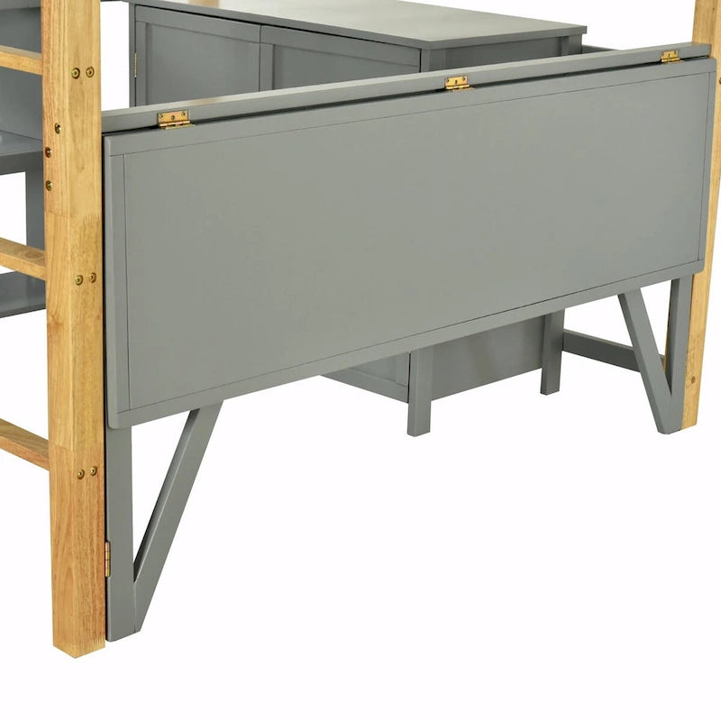 White Wood Loft Bed with Storage Cabinet, Shelves and Foldable Desk