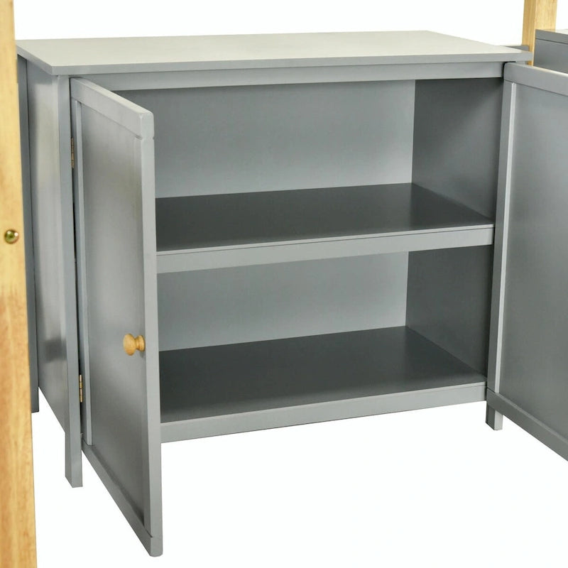 White Wood Loft Bed with Storage Cabinet, Shelves and Foldable Desk