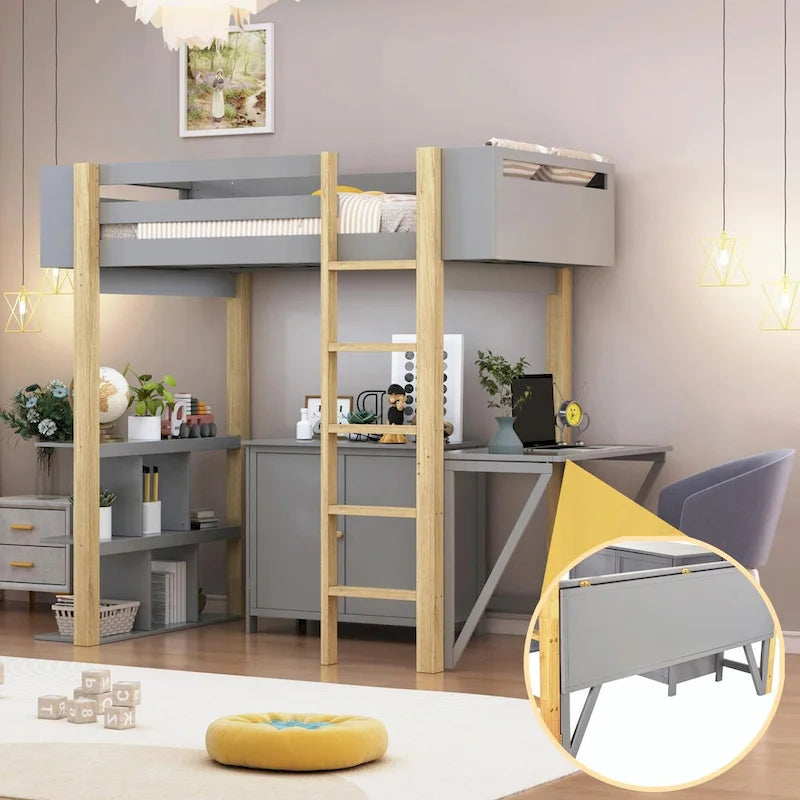 White Wood Loft Bed with Storage Cabinet, Shelves and Foldable Desk