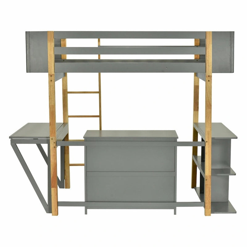 White Wood Loft Bed with Storage Cabinet, Shelves and Foldable Desk