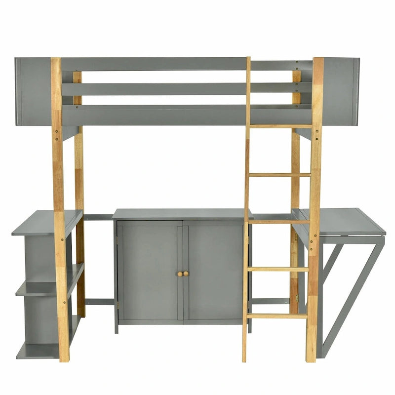 White Wood Loft Bed with Storage Cabinet, Shelves and Foldable Desk