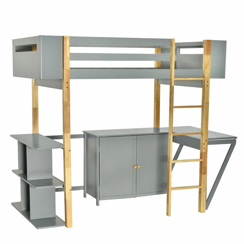 White Wood Loft Bed with Storage Cabinet, Shelves and Foldable Desk