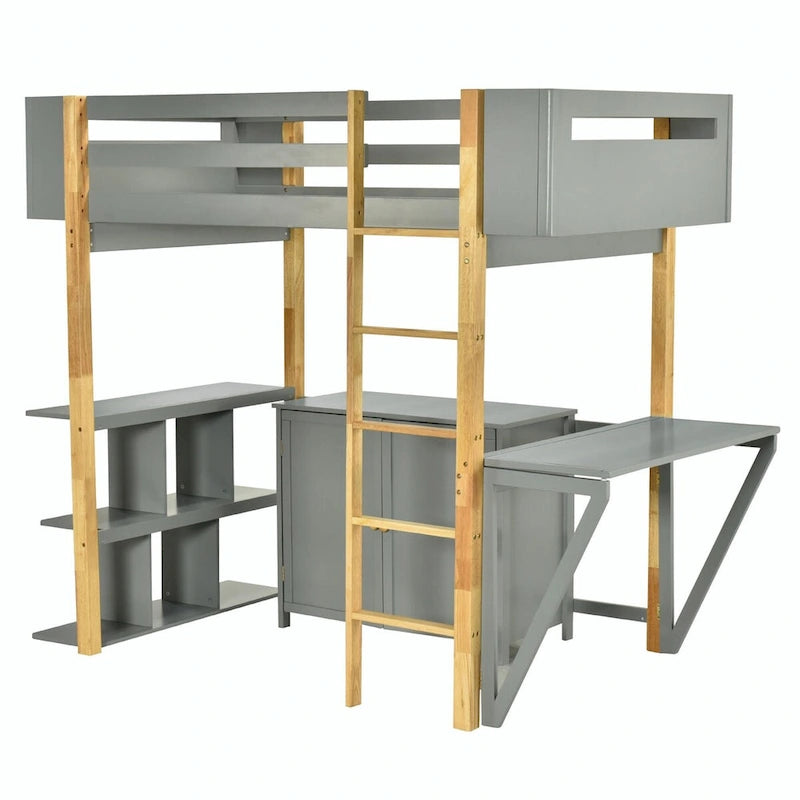 White Wood Loft Bed with Storage Cabinet, Shelves and Foldable Desk
