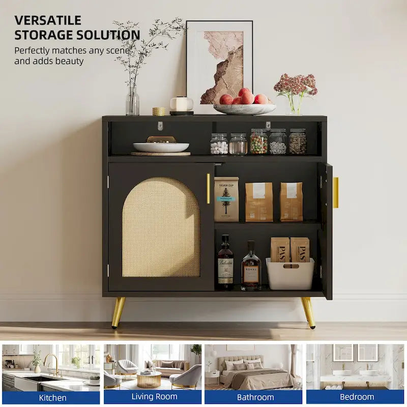 Black Rattan 2-Door Buffet Sideboard Cabinet with Adjustable Shelves