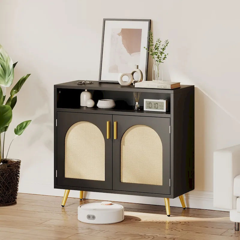 Black Rattan 2-Door Buffet Sideboard Cabinet with Adjustable Shelves