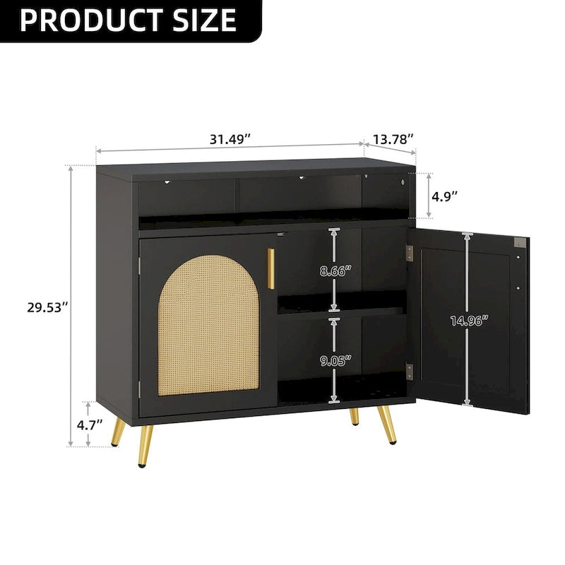 Black Rattan 2-Door Buffet Sideboard Cabinet with Adjustable Shelves