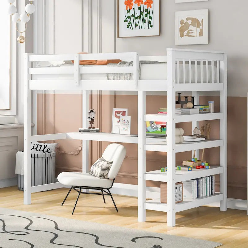 Pine Loft Bed with Storage Shelves