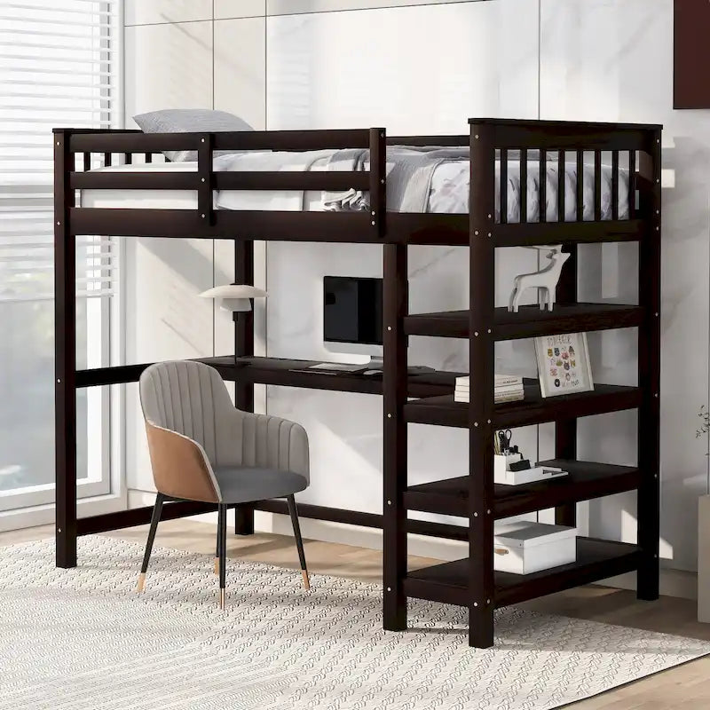 Pine Loft Bed with Storage Shelves