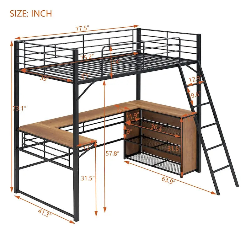 Black Metal Loft Bed with L-shaped Desk and 3 Layers of Shelves, Reversible Ladder