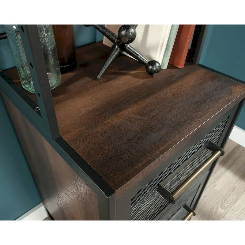 Industrial Narrow Tall Bookcase with 2-Drawer File Cabinet Mystic Oak