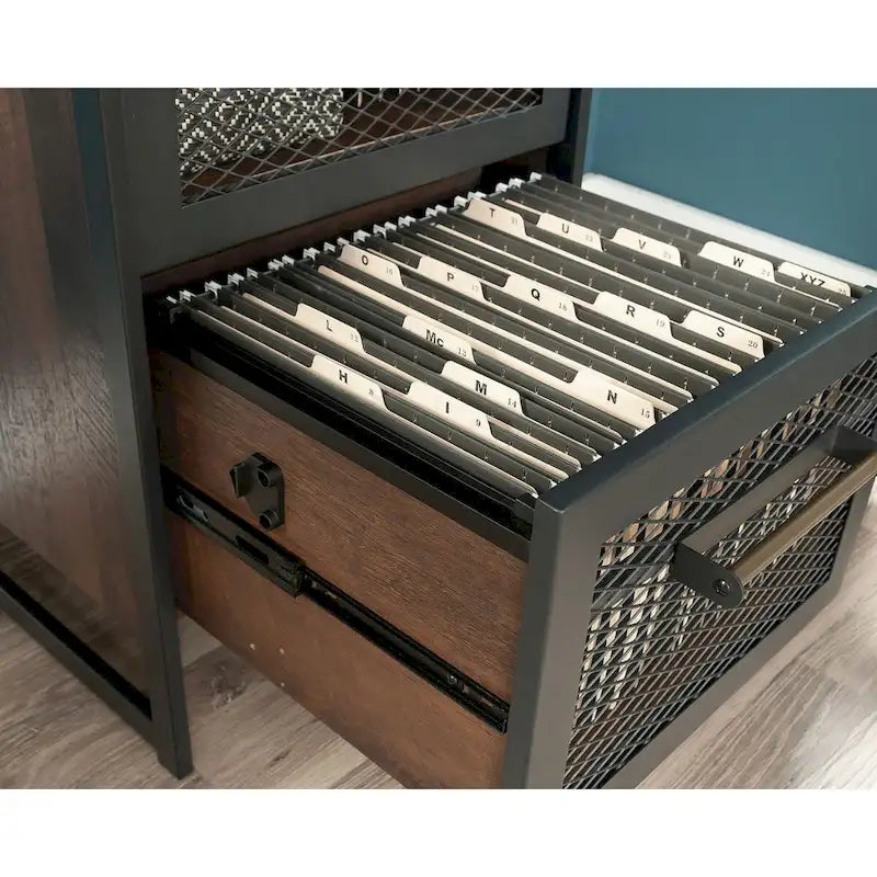 Industrial Narrow Tall Bookcase with 2-Drawer File Cabinet Mystic Oak