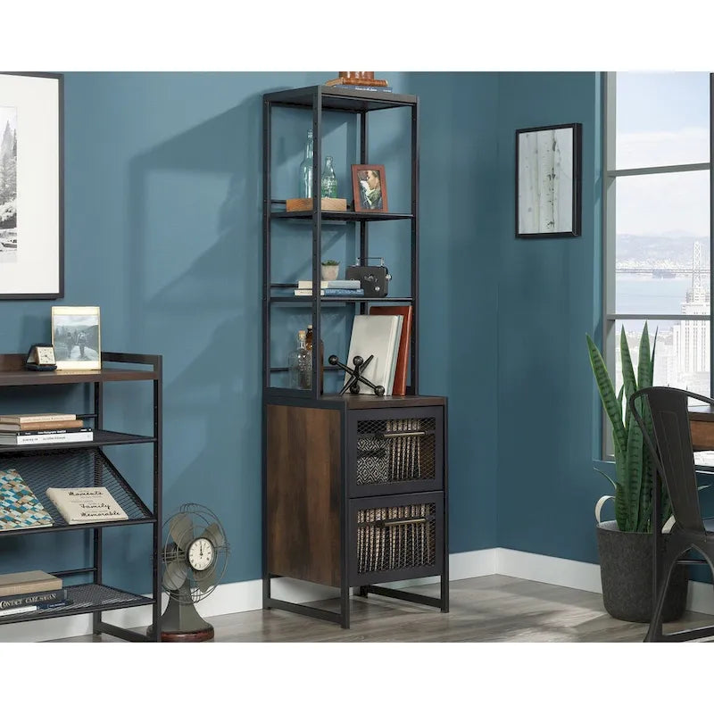 Industrial Narrow Tall Bookcase with 2-Drawer File Cabinet Mystic Oak