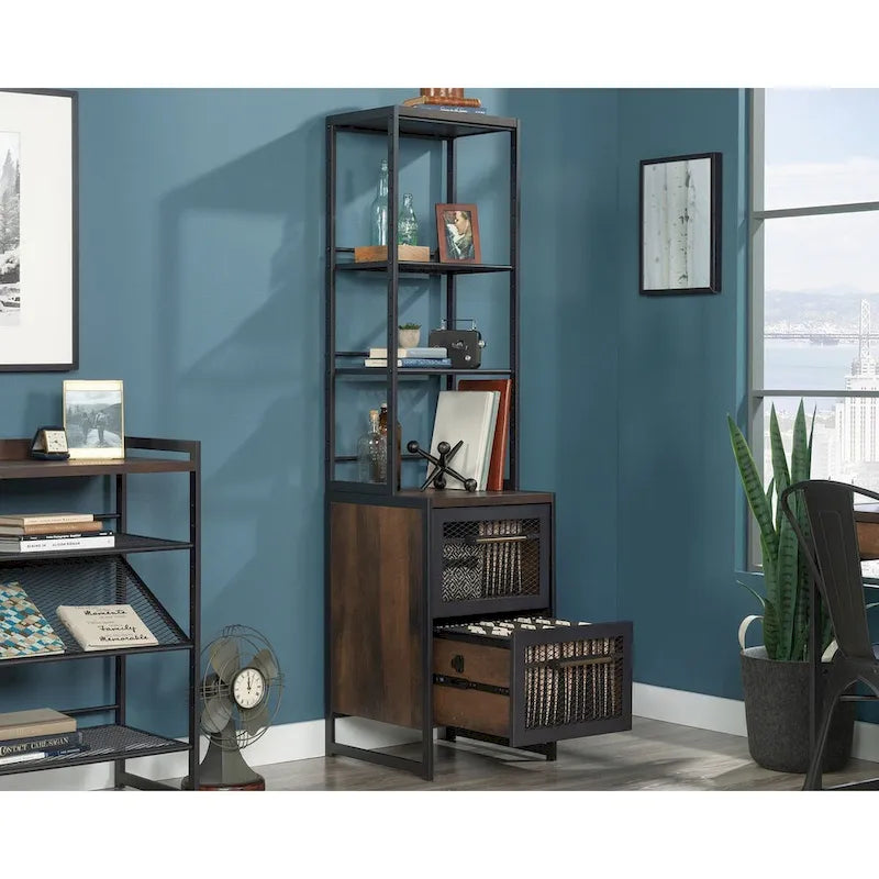 Industrial Narrow Tall Bookcase with 2-Drawer File Cabinet Mystic Oak