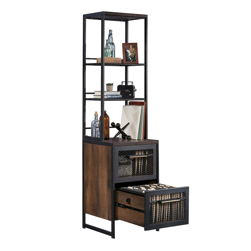 Industrial Narrow Tall Bookcase with 2-Drawer File Cabinet Mystic Oak