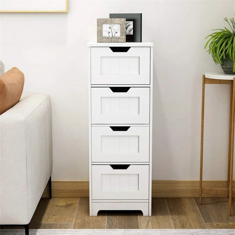 White Wood Finish Bathroom Floor Cabinet with 4 Drawers