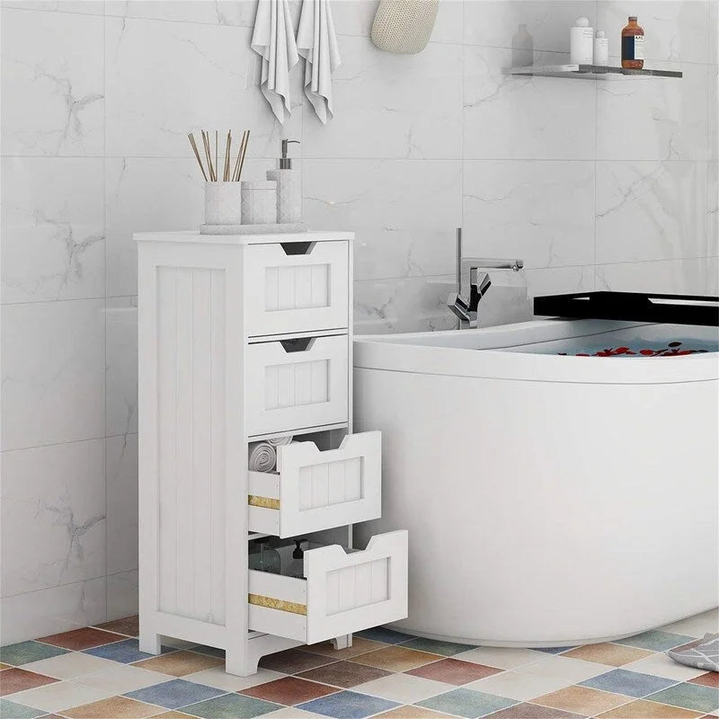 White Wood Finish Bathroom Floor Cabinet with 4 Drawers