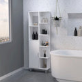 Tall White Linen Tower Cabinet with Door and Open Shelves