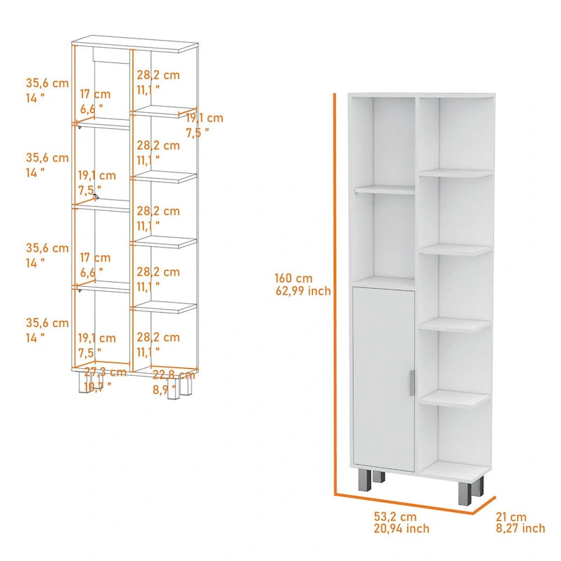 Tall White Linen Tower Cabinet with Door and Open Shelves