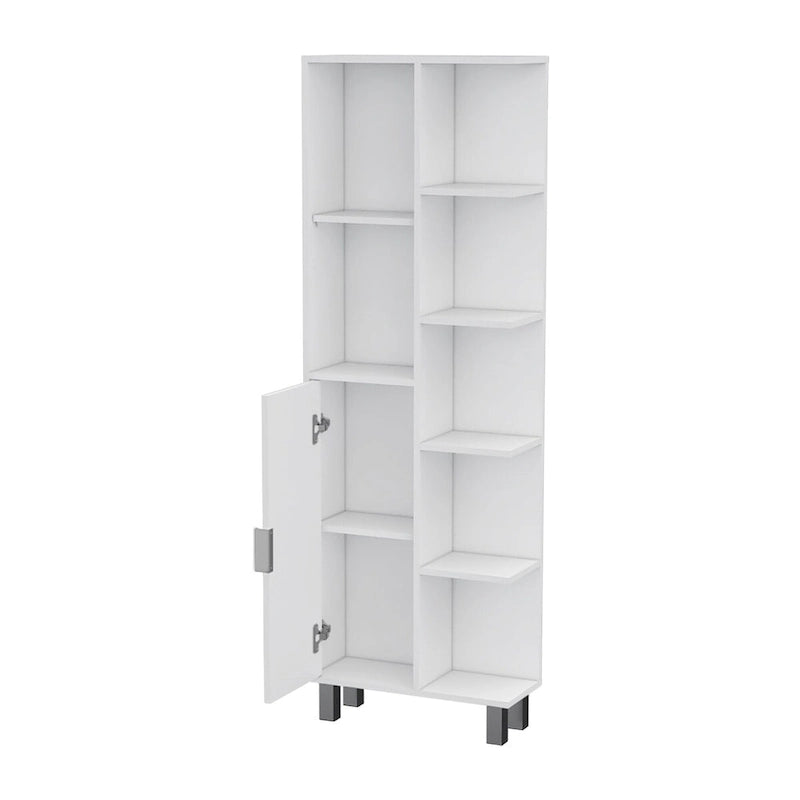 Tall White Linen Tower Cabinet with Door and Open Shelves