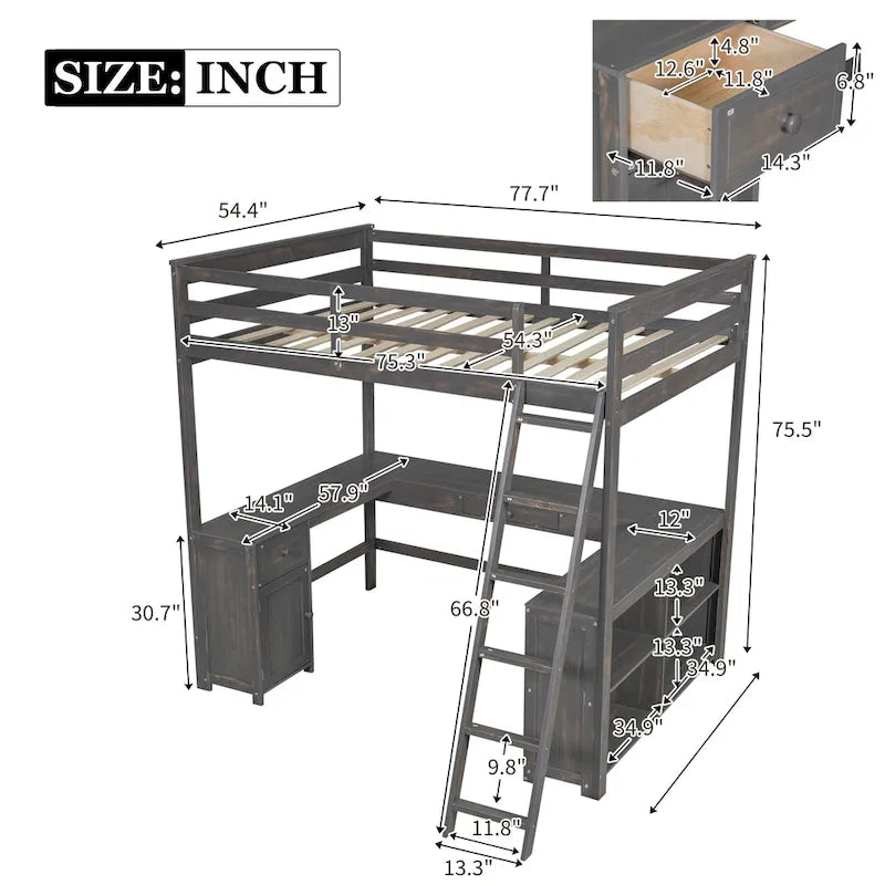 Loft Bed with U-Shaped Desk, Drawers, Cabinet and Storage Shelves, White & Antique Brown