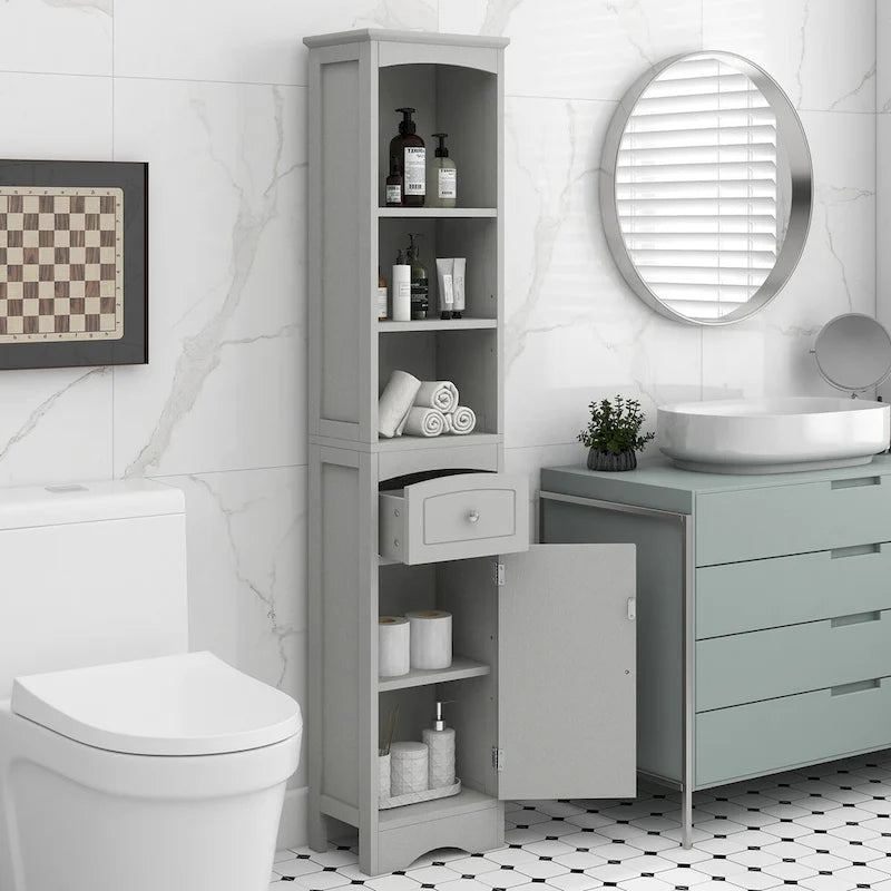 Tall Freestanding Bathroom Storage Cabinet with Drawer and Shelves